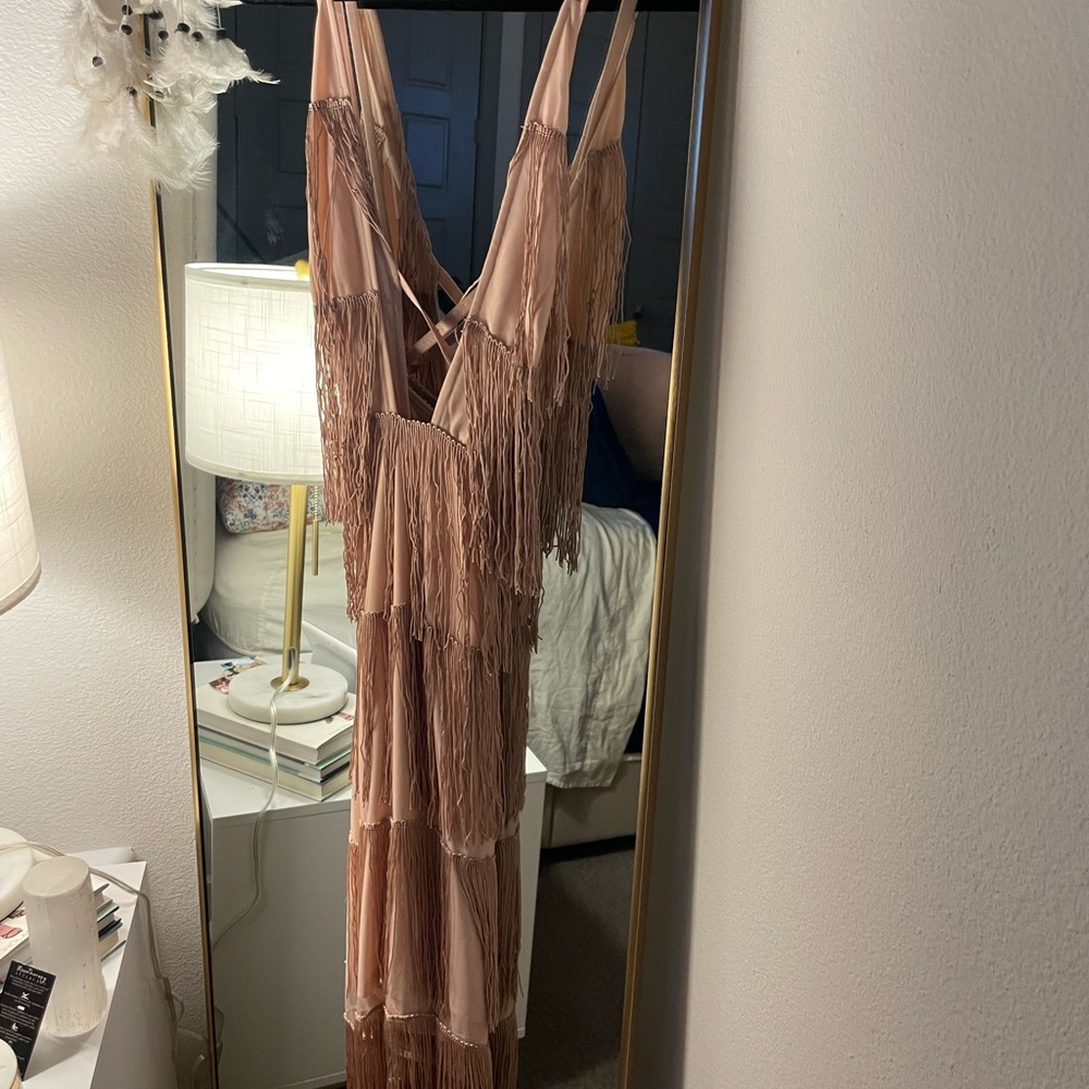 Pink ASOS DESIGN square neck fringe midi dress